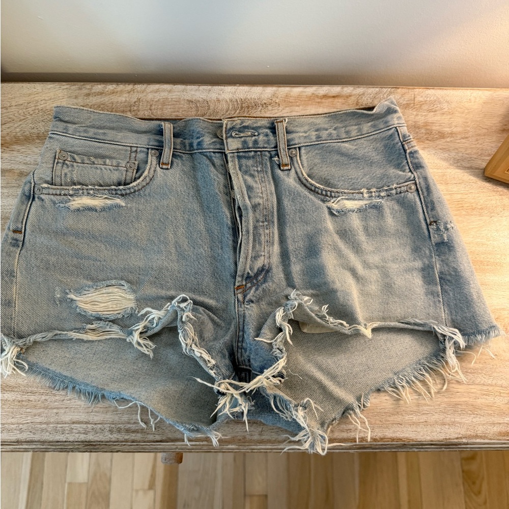 Agolde Blue Distressed Jean Shorts with Frayed Hem